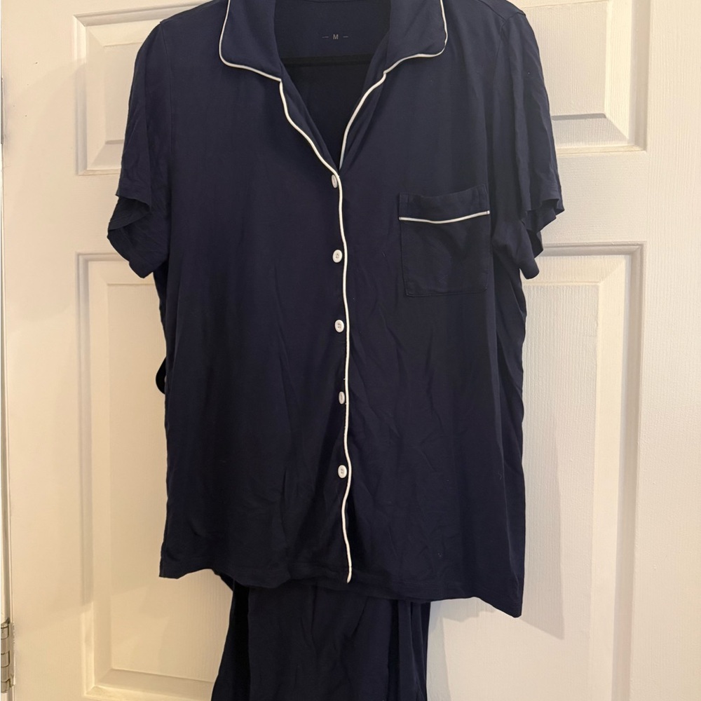 Women's Modal  Navy Pajama Set with White Trim
